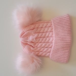 Handmade knitted baby pink winter hat with pompoms